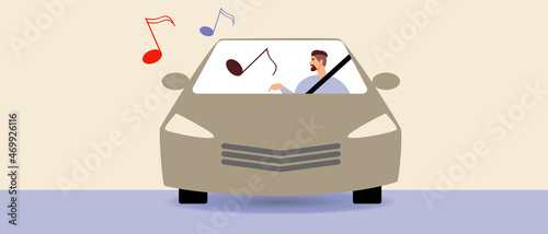 Car music, male music lover driver, flat vector stock illustration with car sound subwoofer and sheet music as music concept