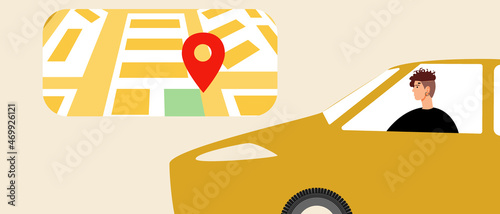 Car on the map, non-binary person driver, flat vector stock illustration with online geolocation on a map or gps technology