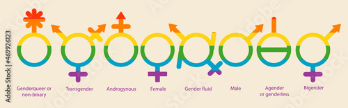 Different gender isolated, set with text, Flat vector stock illustration with gender as LGBTQ + symbol, transgender, non-binary person, agender, androgyne, genderqueer photo