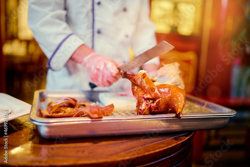 Preparation of Peking Roast Duck. Peking Duck is a famous duck dish from Beijing.