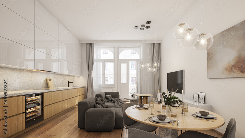 Fototapeta premium Interior of luxury apartment with big old windows. Comfortable living room with open space kitchen, 3D rendering