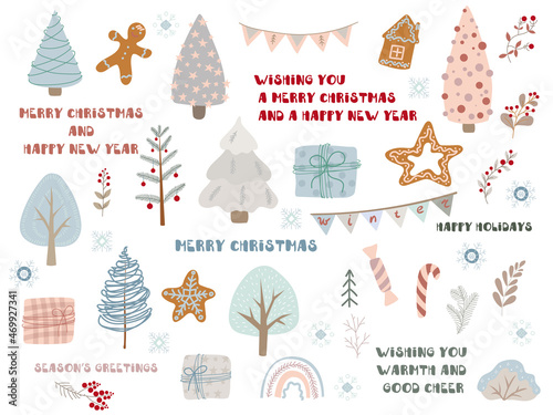 Animals and plants in boho or Scandinavian style. Christmas items. Large set with winter elements and holiday wishes. Winter vector illustration isolated on white background.