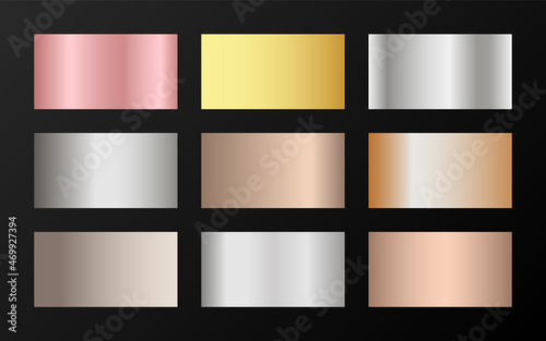 Metallic foil texture silver, steel, chrome, platinum, copper, bronze, aluminum, rose gold gradient swatches.