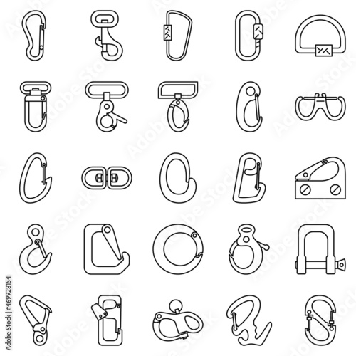 A carabiner for a rope, a clip for a rope, a clasp for jewelry. Equipment for tourists, climbers. A set of vector icons, offline, isolated.