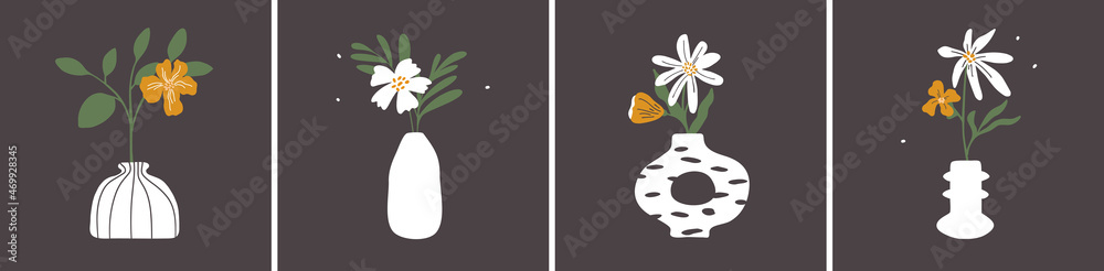 Set of white stylish interior vase on black background. Flowers in modern design jugs. Ceramic art vases abstract shape. Home trendy style decor. Floral bouquet, flower. Poster, vector illustration - obrazy, fototapety, plakaty 