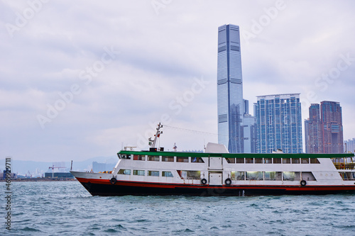 Famous ferry at Hong Kong harbour. Beautiful city view.