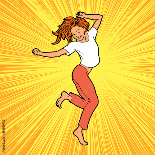 Young beautiful girl in a cheerful dance. Happy female character. Mood happy. Colorful yellow background. Vector cartoon illustration pop art