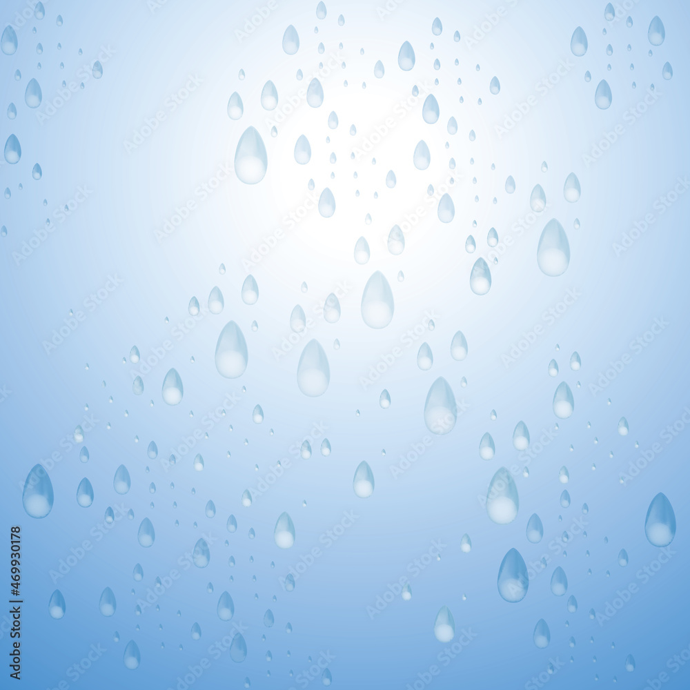 Water drops isolated on blue background. For web site, poster, placard and wallpaper. Creative modern concept, vector illustration  
