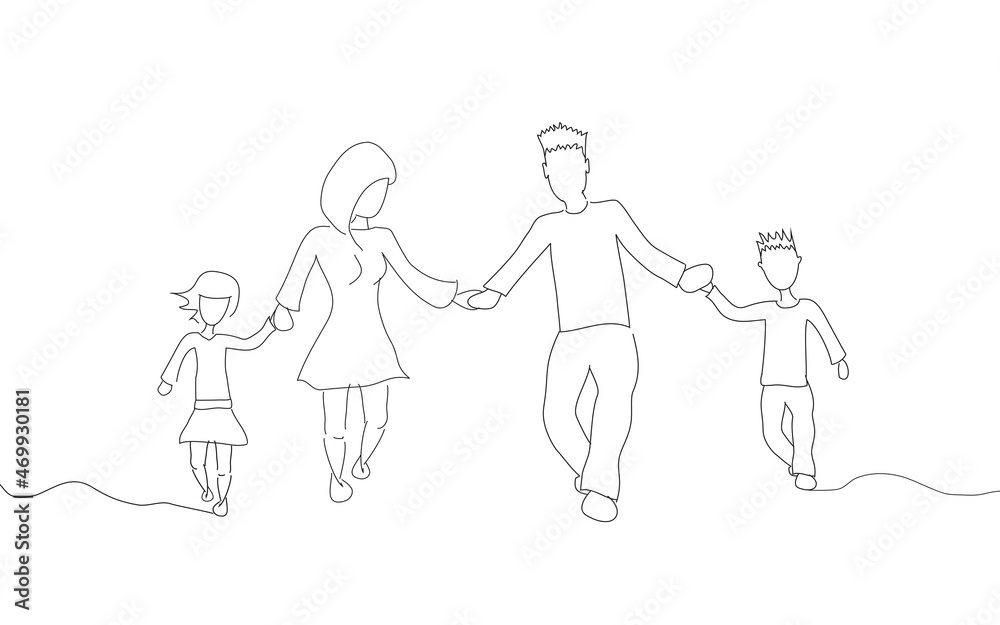 Family running isolated on white background. For web site, poster, placard, ad, cover magazine and print materials. Creative art, modern drawing concept Family running isolated on white background. For web site, poster, placard, ad, cover magazine and print materials. Creative art, modern drawing concept
