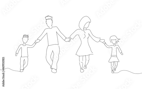 Family running isolated on white background. For web site, poster, placard, ad, cover magazine and print materials. Creative art, modern drawing concept