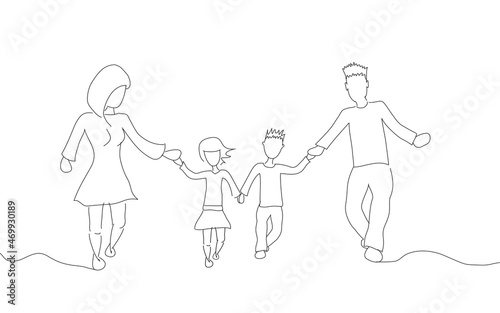 Family running isolated on white background. For web site, poster, placard, ad, cover magazine and print materials. Creative art, modern drawing concept