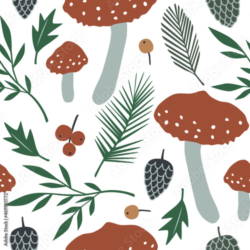 Seamless vector pattern with amanita mushrooms and forest plants