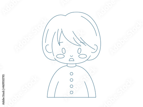 Outline embarrassed cute girl. Vector line art female character concept with flustered emotion. Simple linear drawing illustration of lost monochrome person.