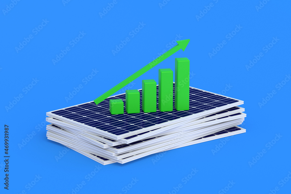 Heap of solar panels near graph. Positive growth dynamics, construction ...