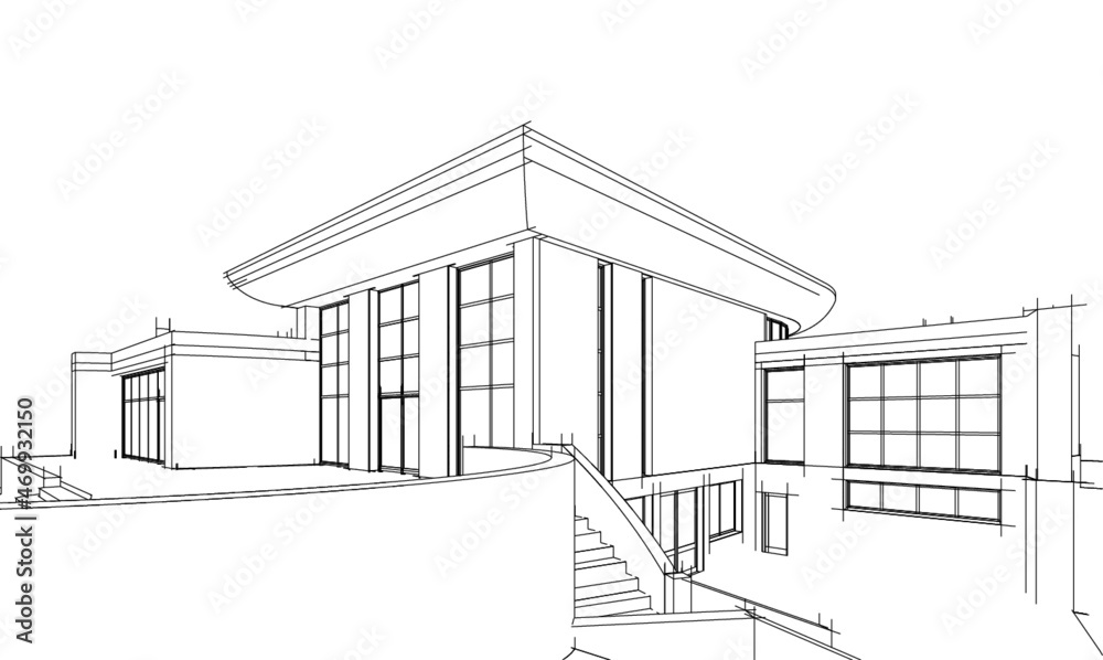 modern house architecture concept drawing vector 3d illustration