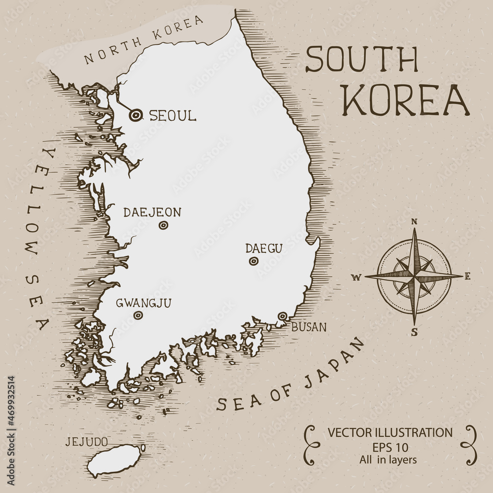 Obraz premium Vintage Map of South Korea. Hand drawn vector illustration.