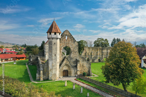 Carta, Sibiu, Romania - 2021: Aerial view over Carta Abbey Monastery during a sunny day with blue sky. Fortress historical landmark in Transylvania.