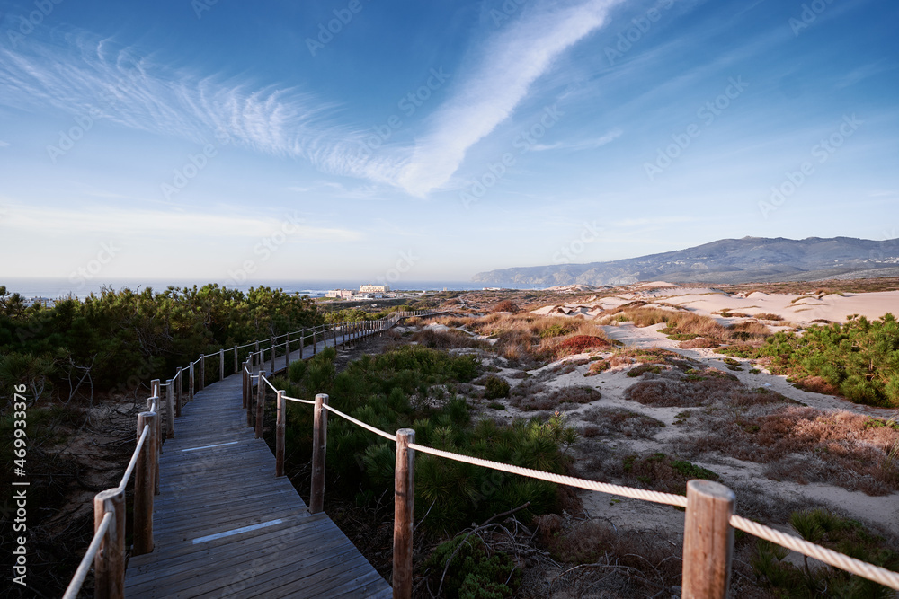 Fototapeta premium Wooden pedestrian walkway through Sintra-Cascais natural park. Wild sandy landscape, with part of Cresmina Dunes. Beautiful scenery in Portugal.