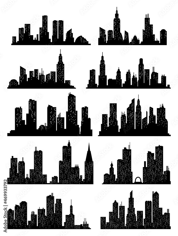 Cityscape silhouette collection. City buildings, night town and horizontal urban panorama silhouettes set. Skyline with windows in a flat style