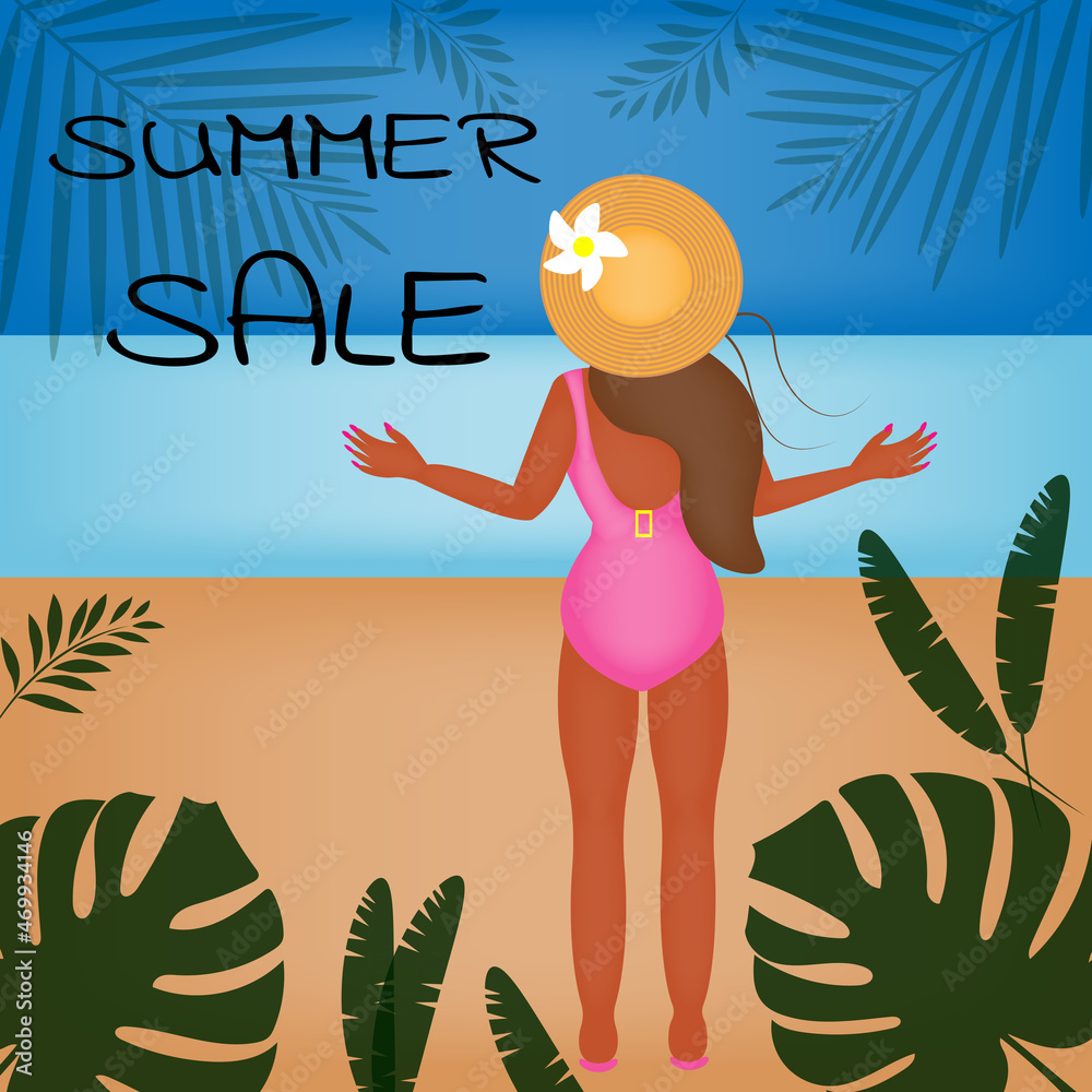 Hot Summer Sale Banner. Girl in Swimsuit and Hat Beach Season Weekend Summer Time Wallpaper. Editable text. Fashionable style. Vector illustration