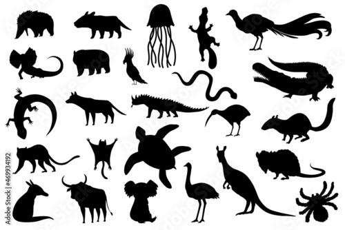 Silhouette animals of australia. Nature fauna collection. Geographical local fauna. Mammals living on continent. Vector illustration photo