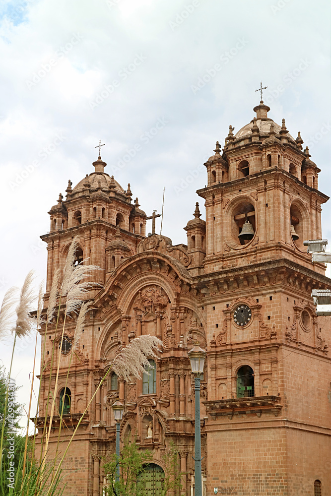 Gorgeous Spanish Baroque Architecture Style of Church of the Society of Jesus or Iglesia de la Compania de Jesus Facade, Historic Center of Cusco, Peru