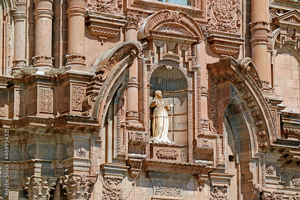 Incredible Facade of Church of the Society of Jesus or Iglesia de la Compania de Jesus in Spanish Baroque Architecture Style, Historic Center of Cusco, Peru