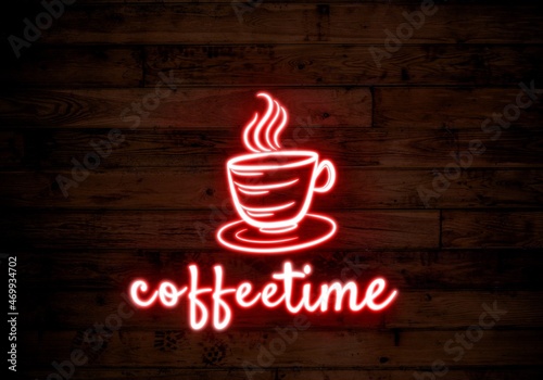 coffee shop logo neon, coffee time   cup with steam, red neon with wood background, coffee and tea logo template neon illustration  cup logo design, coffee time template neon