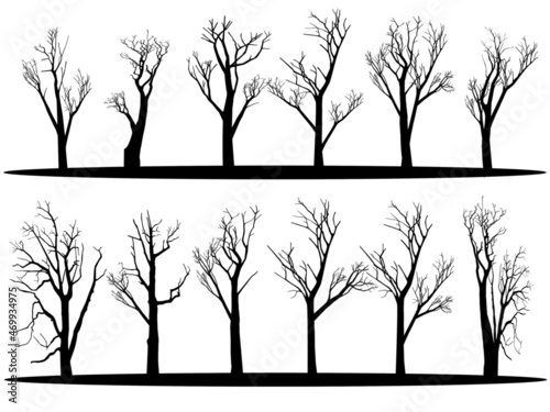vector illustration set Dry bare tree silhouette with no living leaves. Dead wood. Hand drawn damaged environment. isolated on a white background