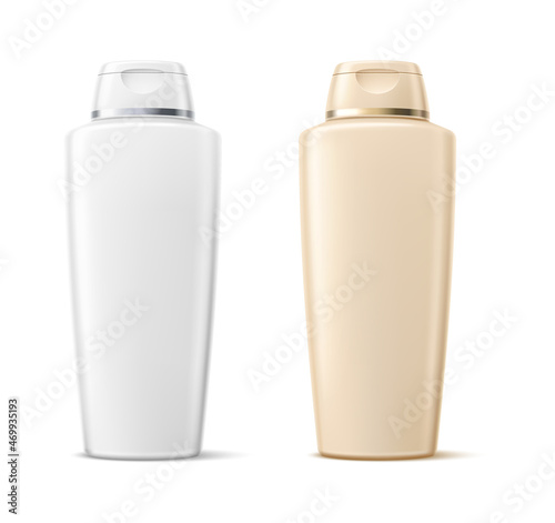 Cosmetic bottle with flip lid mockup. Silver golden plastic container. Realistic package design