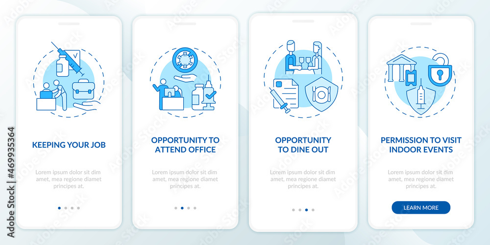 Benefits of being vaccinated onboarding mobile app page screen. Keeping your job walkthrough 4 steps graphic instructions with concepts. UI, UX, GUI vector template with linear color illustrations