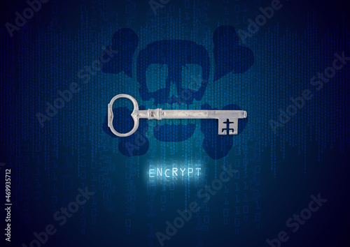 crypto virus on a computer with an encrypt key icon and binary code illustration © kaptn