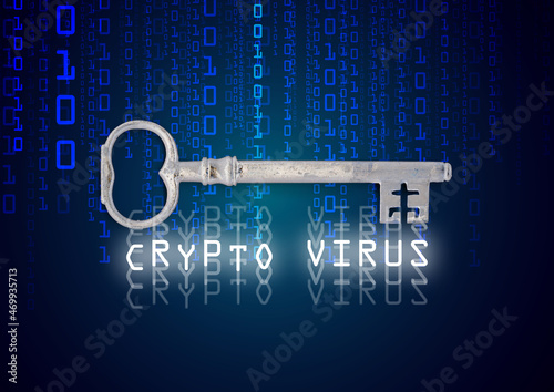crypto virus on a computer with an encrypt key icon and binary code illustration © kaptn