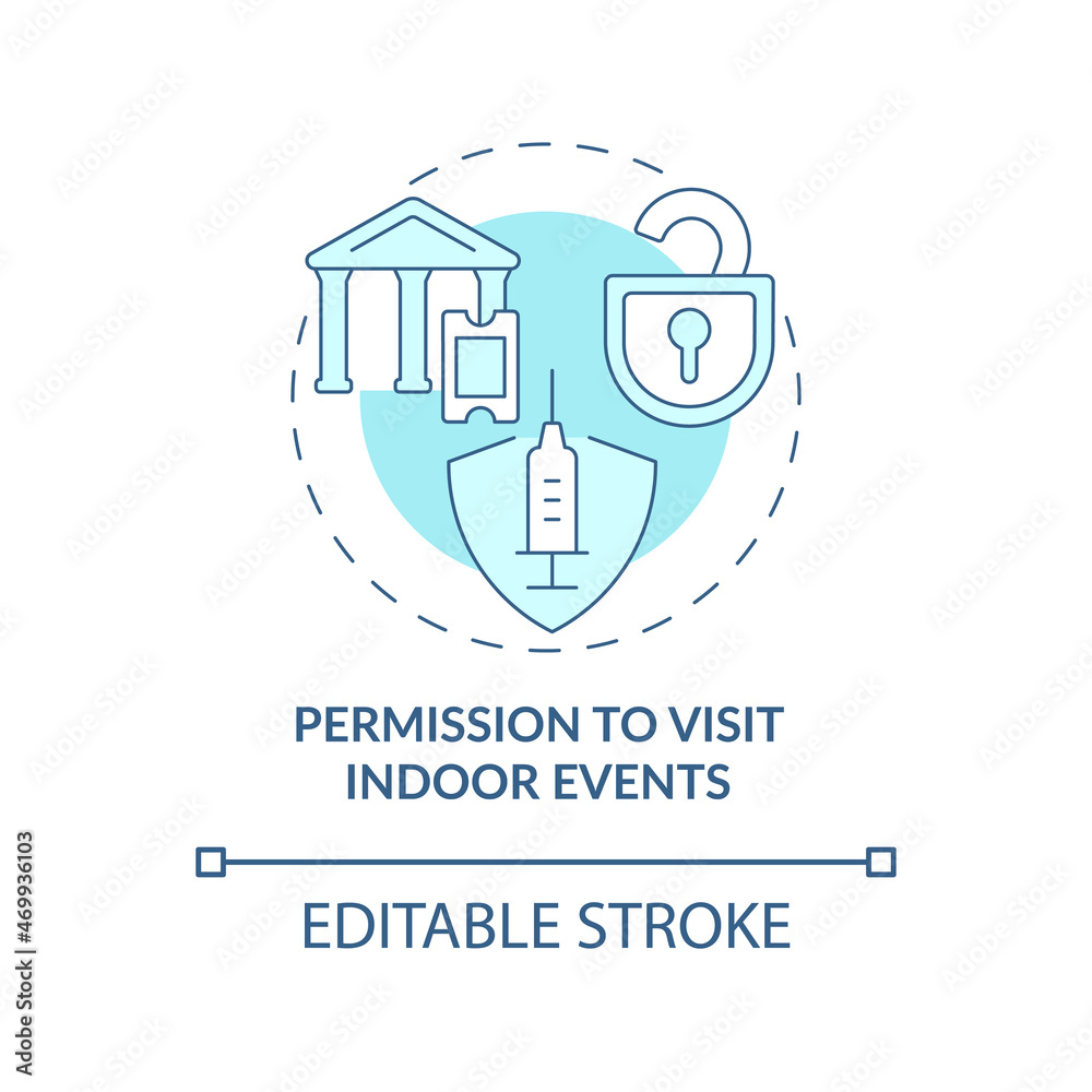 Permission to visit indoor events blue concept icon. Mandatory vaccination abstract idea thin line illustration. Visiting movie theaters. Vector isolated outline color drawing. Editable stroke Permission to visit indoor events blue concept icon. Mandatory vaccination abstract idea thin line illustration. Visiting movie theaters. Vector isolated outline color drawing. Editable stroke