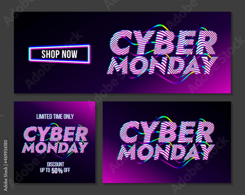 Set of vector banners for Cyber Monday marketing events. Design templates with typography, promo text and glitch effect for digital campaign