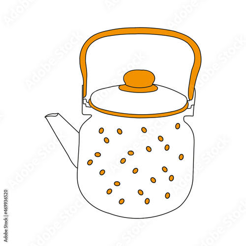 Black and orange hand drawn illustration of a metal kettle with hot water for tea or coffee isolated on a white background