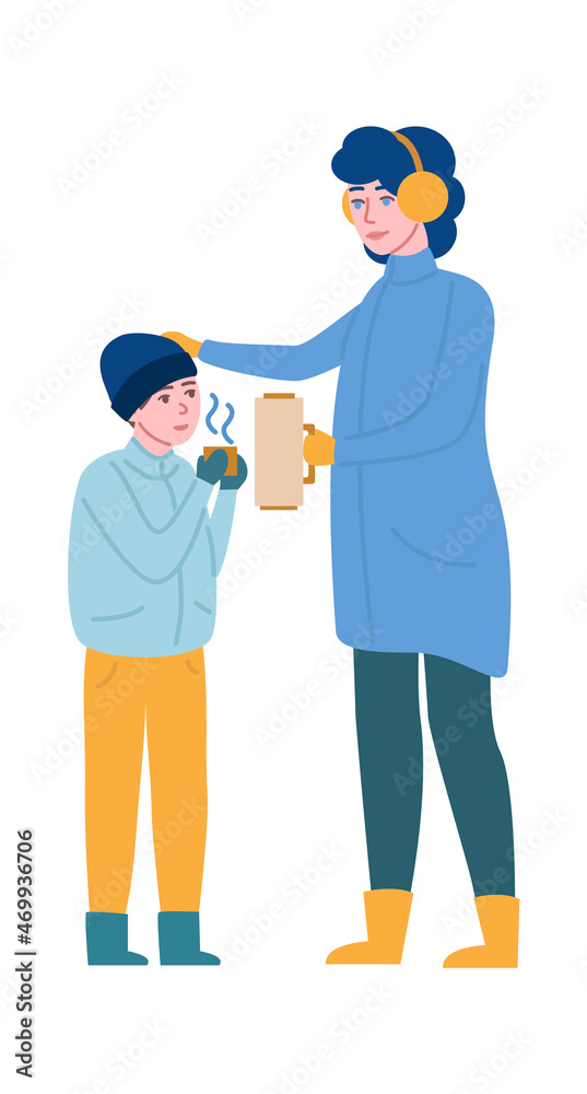 Mother giving frozen child hot drink. Kid holding cup of tea. Woman holding vacuum flask. Warming in cold weather