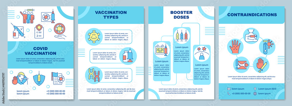 Covid vaccination brochure template. Vaccine for booster doses. Flyer, booklet, leaflet print, cover design with linear icons. Vector layouts for presentation, annual reports, advertisement pages - obrazy, fototapety, plakaty 