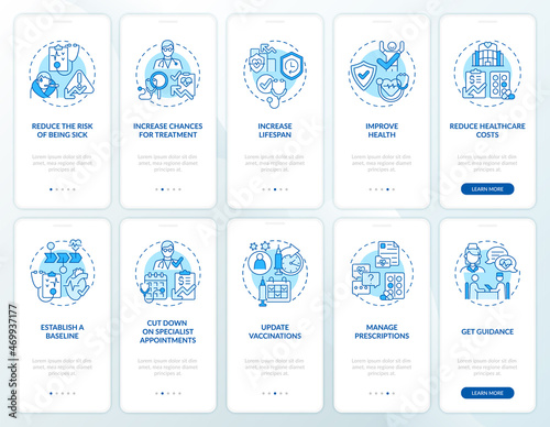 Annual checkup blue onboarding mobile app page screen set. Benefits and reasons walkthrough 5 steps graphic instructions with concepts. UI, UX, GUI vector template with linear color illustrations