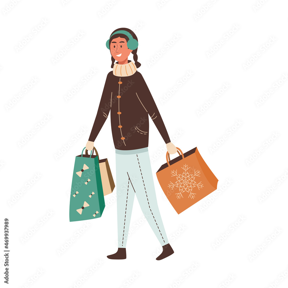 Young cute woman in warm clothes with Christmas gift bags walking outdoor. Cartoon flat vector illustration isolated on white background