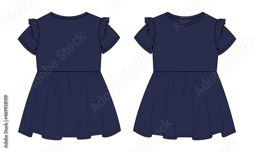 Baby girls dress design technical Flat sketch vector illustration template. Apparel clothing navy color Mock up front and back views Isolated on White. Kids Fashion vector Art drawing easy editable.
