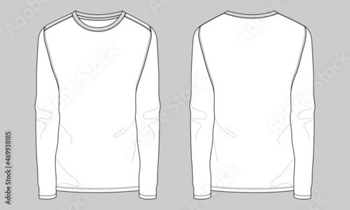 Long sleeve slim fit basic t-shirt technical fashion flat sketch vector template. Cotton jersey apparel design mockup front, back views isolated on grey background. Men unisex cad.