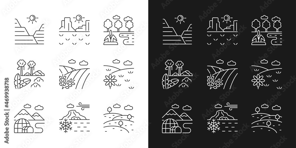Biomes and landforms linear icons set for dark and light mode. Dry and moist climate zones. Diverse regions. Customizable thin line symbols. Isolated vector outline illustrations. Editable stroke