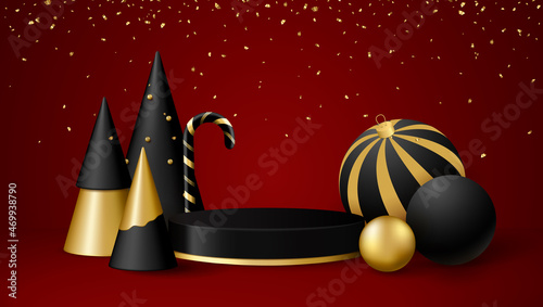 Christmas 3d scene with black and gold podium platform, balls, candy and Christmas trees.