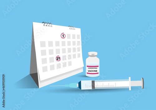 Covid-19 vaccine given two doses injection and 21 days apart. Illustration of calendar, syringe and bottle.