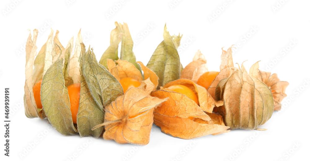 Ripe physalis fruits with dry husk on white background