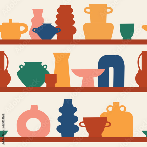 Ceramic vases on the shelves. Vector seamless pattern. © sycomore
