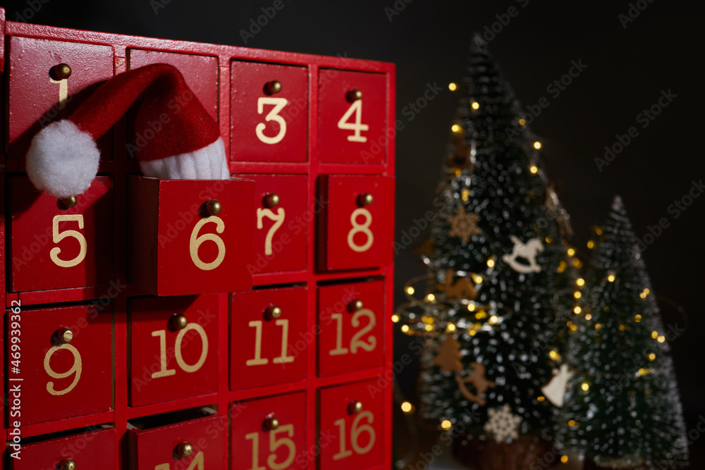 Red Advent calendar 6th december Saint Nicholas Day - obrazy, fototapety, plakaty 