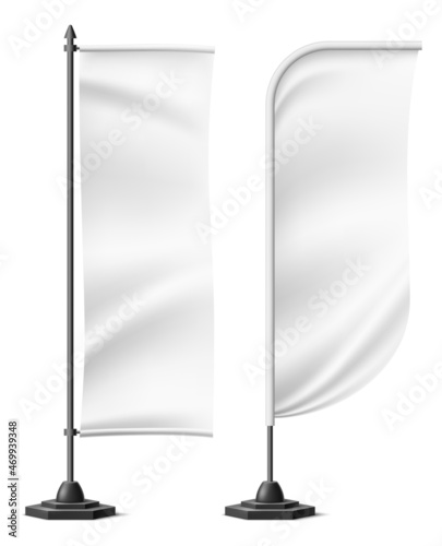 Vertical telescopic banner mockup. Realistic white fabric on black stand