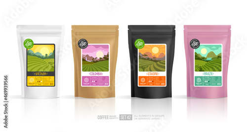 Coffee Star brand identity with label design on food zip-package mock-up template. Coffee label design with rainforest landscapes. Stand-up foil pouch design with paper packaging